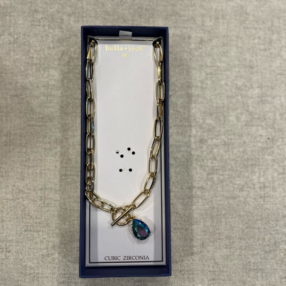 Gold Necklace with Blue Cubic Zirconia Pendant